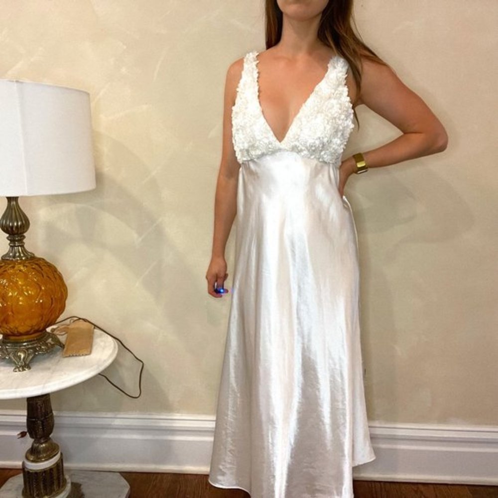 Vintage Flora White Shiny Night Slip Dress in Size Medium